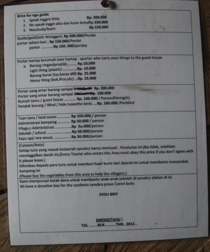 Official price list for guiding, accommodation and fees payable to the village.