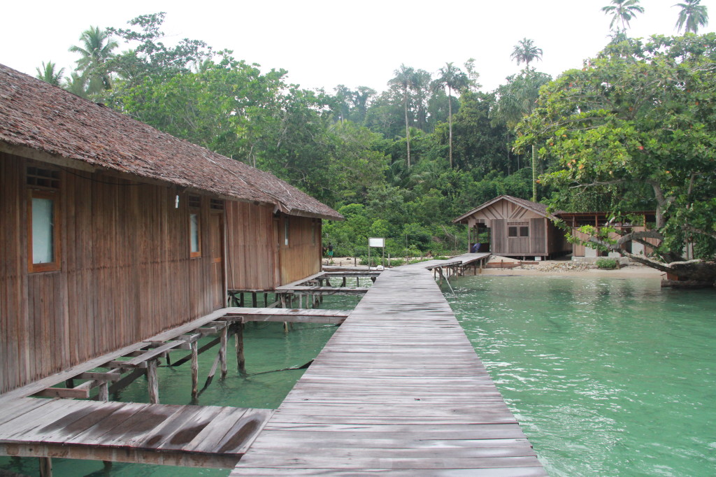 Bathrooms are to the right of the building on shore